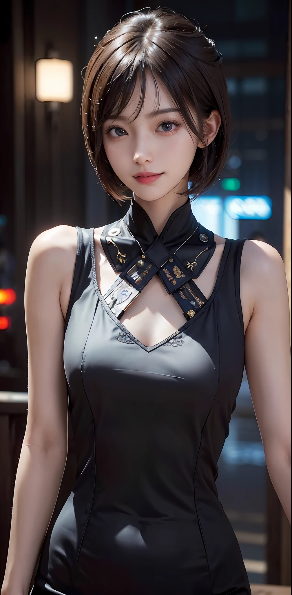Masterpiece, 1 Beautiful Girl, Detailed Eyes, Swollen Eyes, Best Quality, Ultra High Resolution, (Reality: 1.4), Original Photo, 1Girl, Cinematic Lighting, Smiling, Japanese, Asian Beauty, Korean, Clean, Super Beautiful, Beautiful Skin, Slender, Cyberpunk Background, (Ultra Realistic ), (high resolution), (8K), (very detailed), (best illustration), (beautifully detailed eyes), (super detailed), (wallpaper), (detailed face), viewer looking, fine details, detailed face, pureerosfaceace_v1, smiling, 46 point slanted bangs, looking straight ahead, neat clothes, dark colored eyes, sleeveless, body facing front, short hair, brown hair, divine messenger,