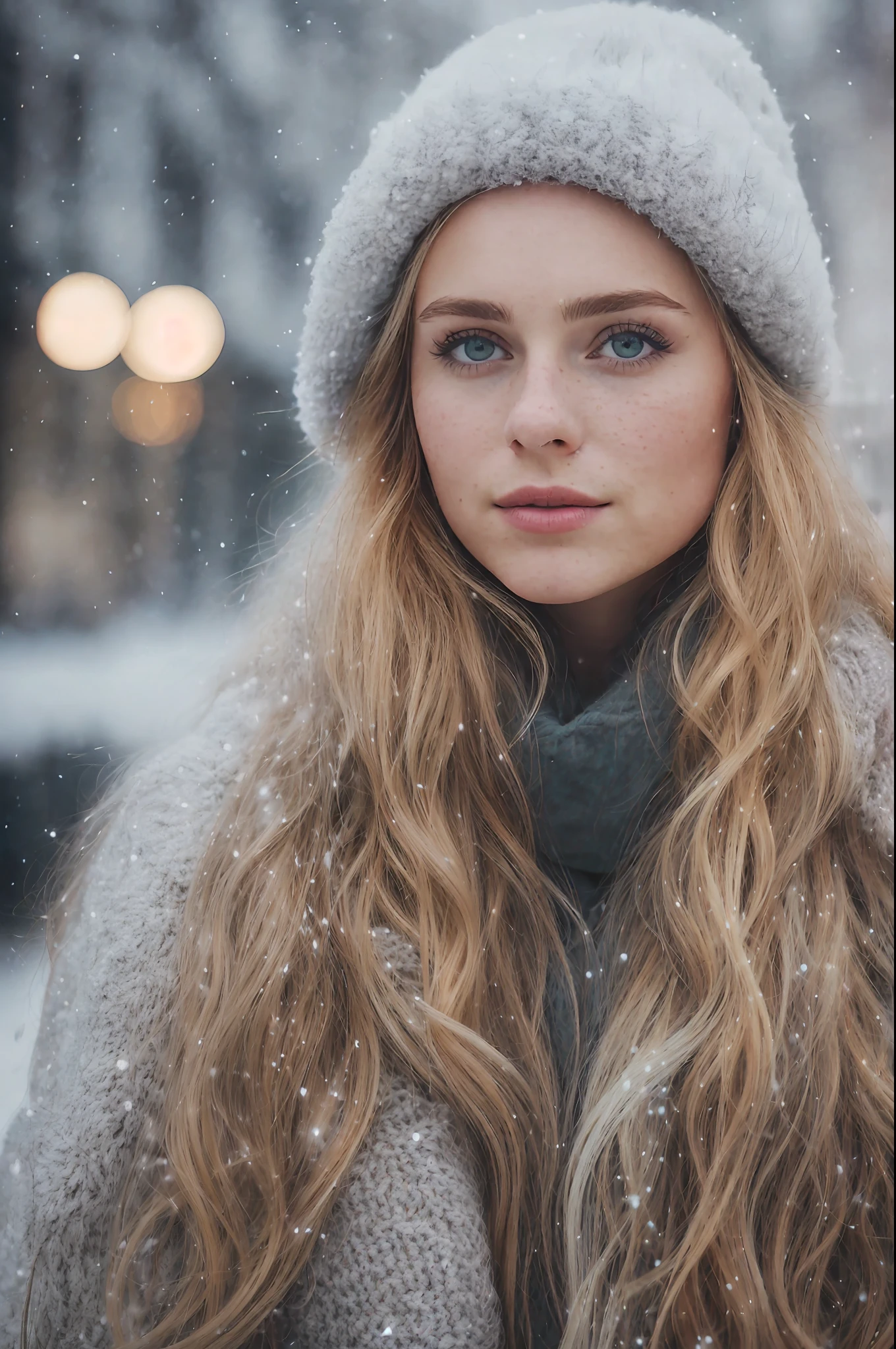 ProFessional portrait photograph oF a beautiFul Norwegian girl in winter clothes with long wavy blonde hair, 性感诱人的外表, (Freckles), beautiFul symmetrical Face, 可爱自然妆容, wearing 优雅的 and warm winter clothes, ((standing outside on the snowy street oF the city)) , 令人惊叹的现代城市环境, 超现实, 概念艺术, 优雅的, 非常详细,  错综复杂, sharp Focus, depth oF Field, F/1. 8, 85毫米, 中等平面, 中等平面, (((proFessionally graduated color))), soFt and bright diFFused light, (体积雾), Instagram 趋势, HDR 4K, 8千,