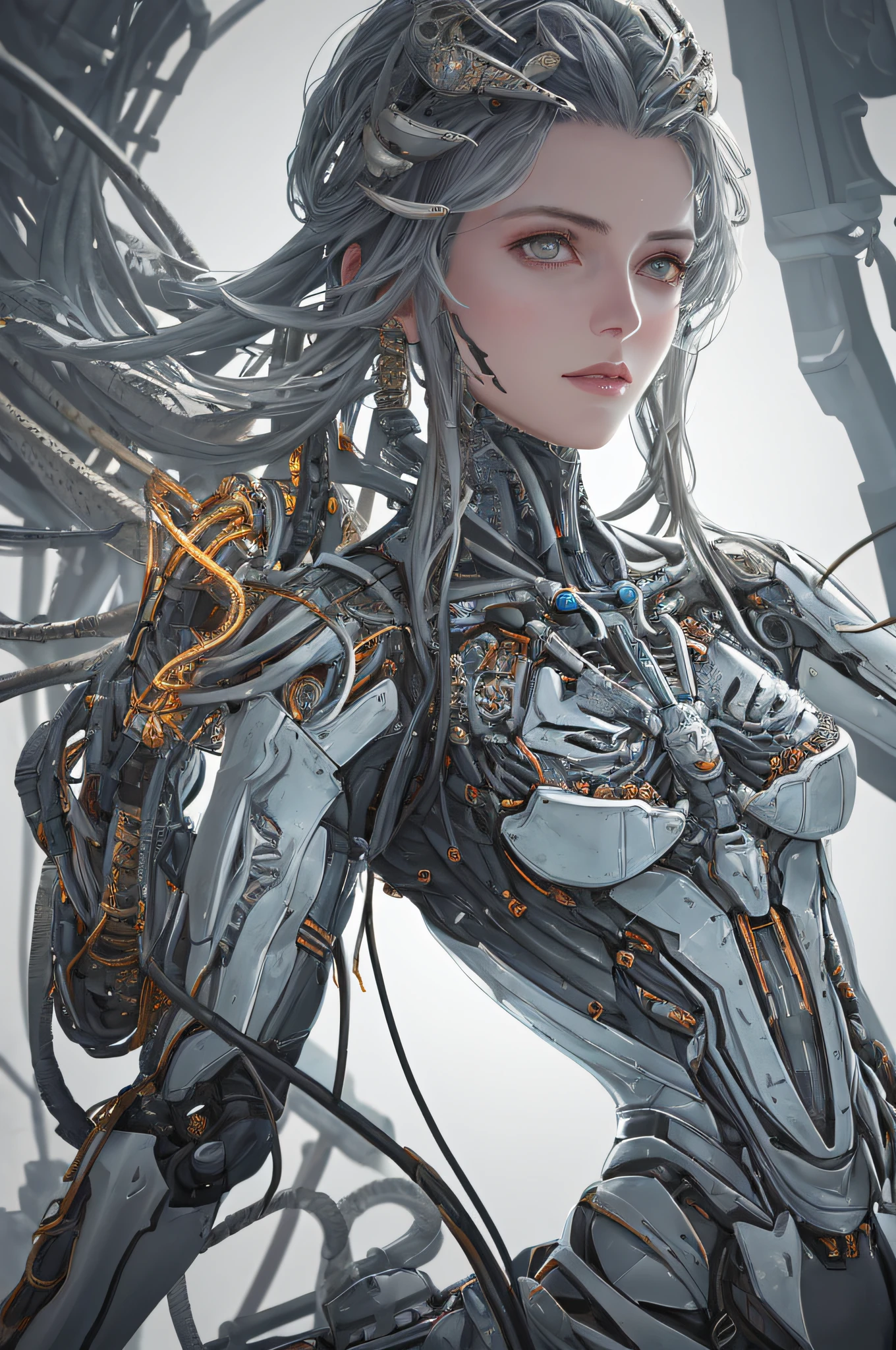 1mechanical girl,((ultra realistic details)), portrait, global illumination, shadows, octane render, 8k, ultra sharp,metal,intricate, ornaments detailed, cold colors, egypician detail, highly intricate details, realistic light, trending on cgsociety, glowing eyes, facing camera, neon details, machanical limbs,blood vessels connected to tubes,mechanical vertebra attaching to back,mechanical cervial attaching to neck,sitting,wires and cables connecting to head