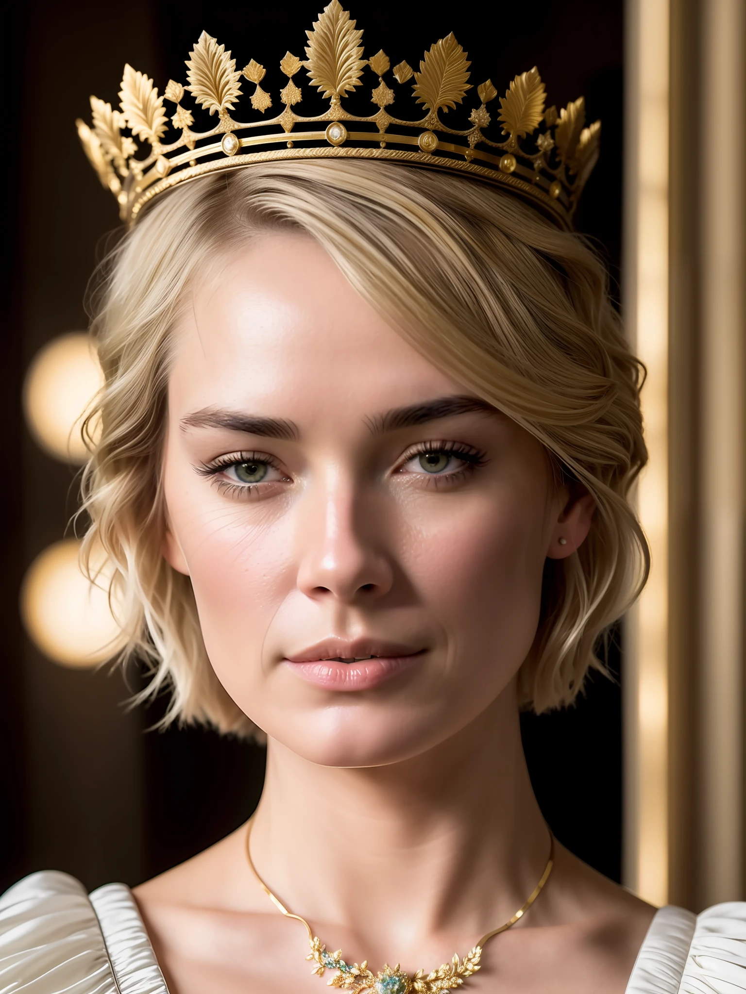 photo of lena headey wearing (extra short straight blonde hair with fringes across her face), ((detailed face)), ((detailed facial features)), (finely detailed skin),(deep neckline detailed medieval luxurious queen's dress with gold crown), dark environment, with lights perfectly superimposed on her through the luxurious chandelier that illuminates the environment, reflections, (masterpiece) (perfect proportion)(realistic photo)(best quality) (detailed) photographed on a Canon EOS R5,  50mm lens, F/2.8, HDR, (8k) (wallpaper) (cinematic lighting) (dramatic lighting) (sharp focus) (intricate), RAW photo, RAW photo, 8k uhd, dslr, high quality, grain film, Fujifilm XT3, film stock photography 4 kodak portra 400 camera f1.6 lens rich colors hyper realistic texture dramatic lighting unrealengine trend in artstation cinestill 800 tungsten 8k uhd,  dslr, high quality, film grain, Fujifilm XT3