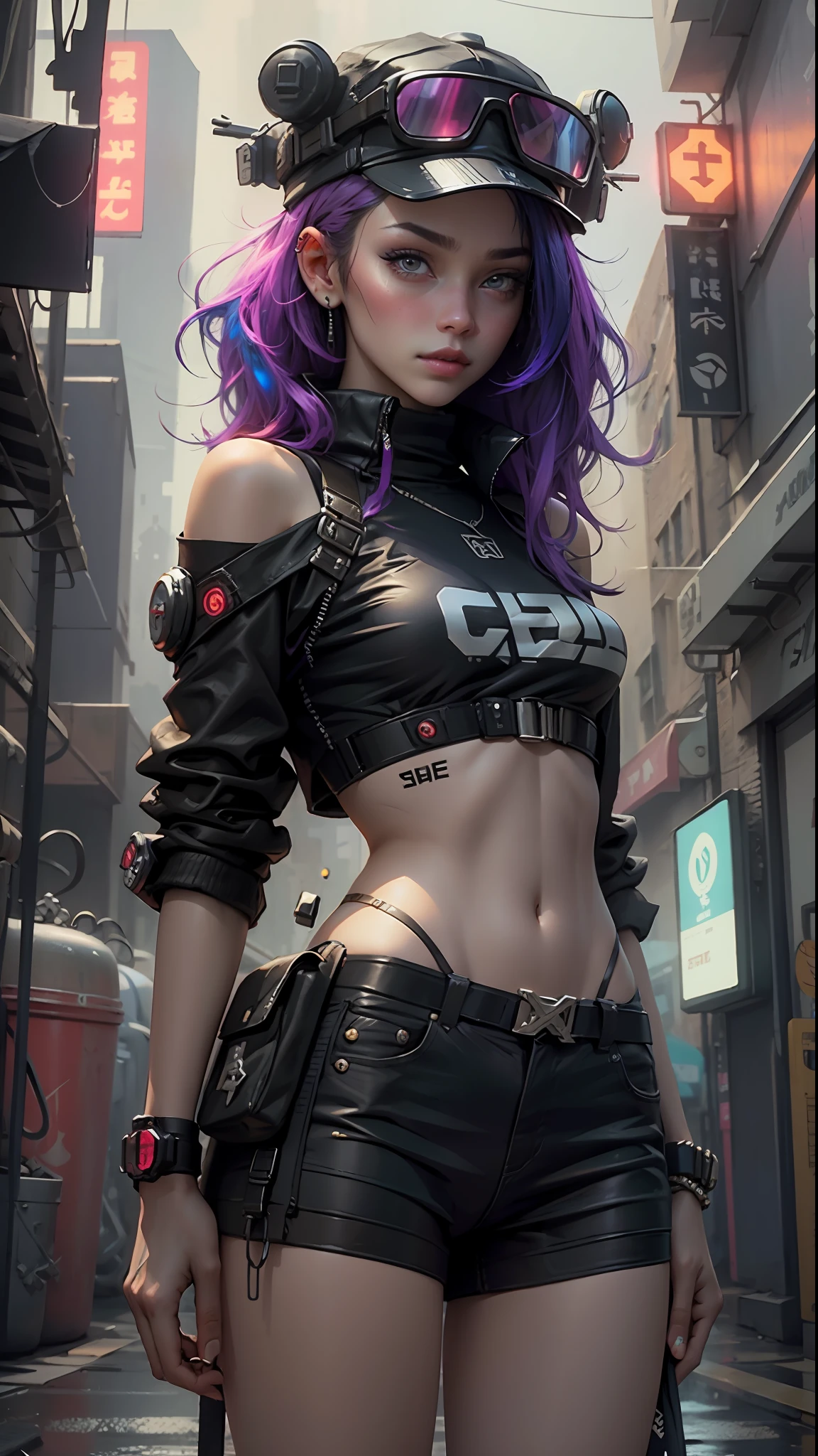 Linda mulher cabelo médio, usando boné, roupas curtas estilo cyberpunk