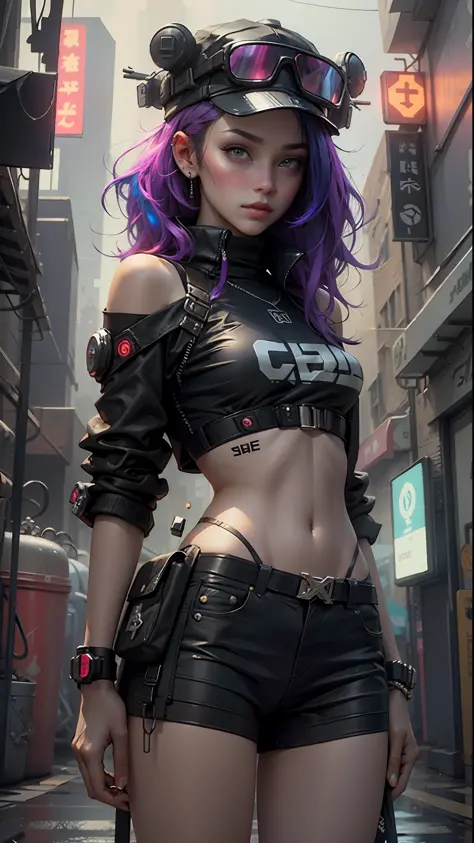 Beautiful woman medium hair, wearing cap, cyberpunk style short clothes