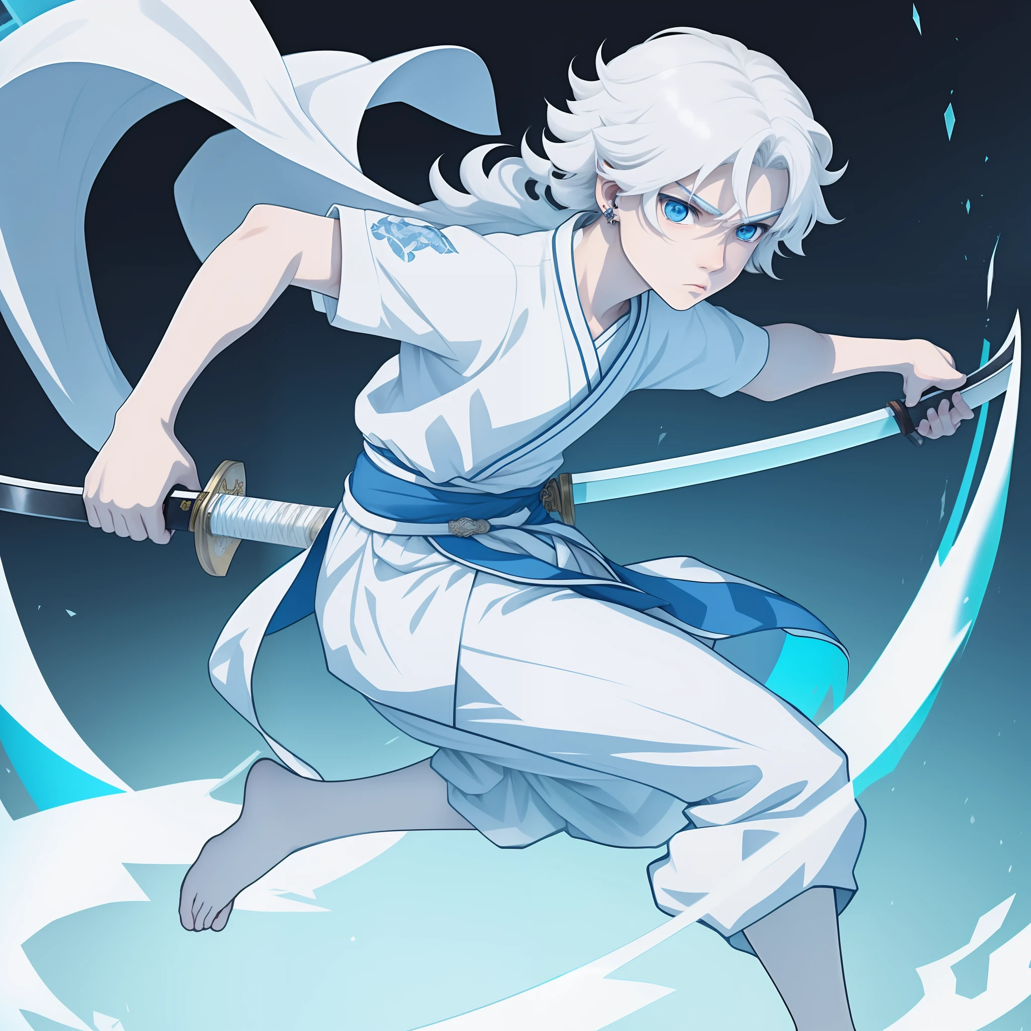 Boy adolescent, of 180 centimeters, fair skin, hair Medium white, light blue eyes, baggy clothes, Chinese slippers, katana at the waist, ice around, props and earrings