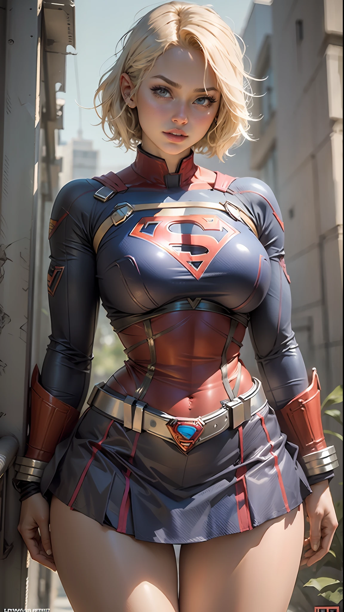 امرأة جميلة ذات شعر قصير وجسم محدد وصدر كبير, فخذان كبيران يرتديان زي Supergirl