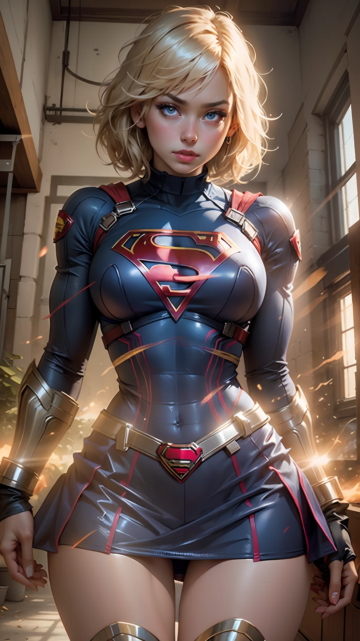 Mulher bonita, cabelo curto, corpo definido, seios grandes, coxas grandes usando um cosplay de Supergirl, olhos bem desenhados