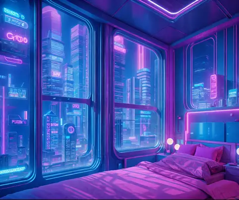 ((masterpiece)), (ultra-detailed), (intricate details), (high resolution CGI artwork 8k), Create an image of a small retro-futuristic and realistic vaporwave cyberpunk bedroom at night time. One of the walls should feature a big window with a busy, colorfu...