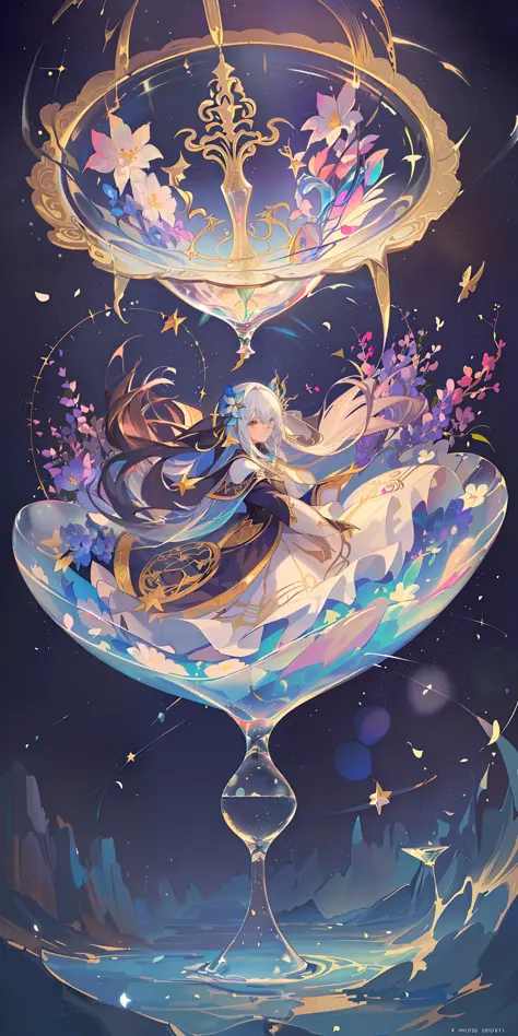 //style
(maximalism:1.5), vivid contrast,
BREAK

//background
vast landscape, (divided worlds:1.2), expansive meadow,
(gigantic glass bottle, hourglass, transparent container:1.5),
colorful petals, delicate flowers,
blue sky, white clouds,
rain drops, wate...