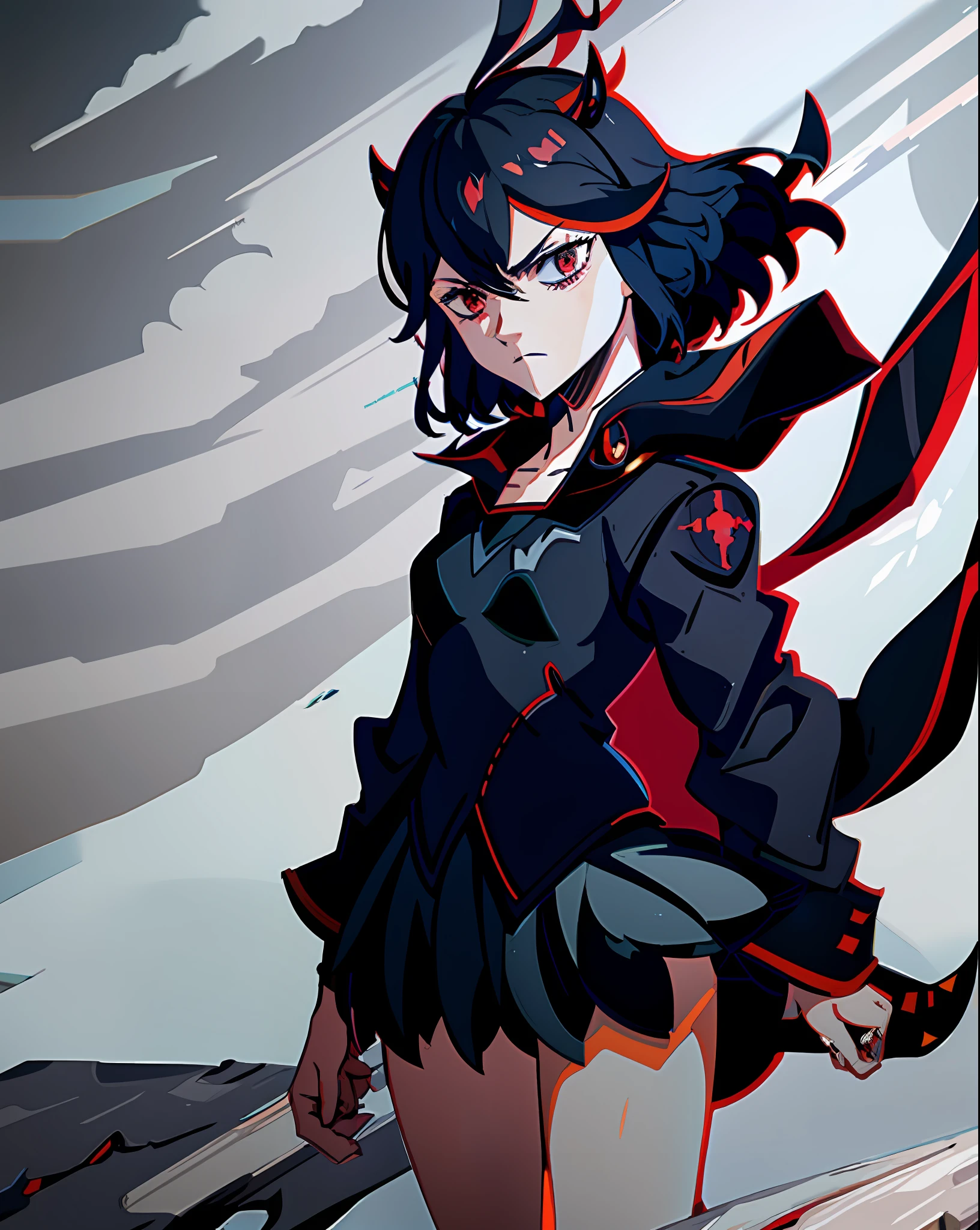 1بنت, نيرو بلاك كلوفر, Mفيoi Ryuuko, يبحث_في_مشاهد, وجه محايد, إضاءة الاستوديو, يسلط الضوء, عيون مفصلة, بنت, عيون حمراء, قرون شيطان سوداء صغيرة, نمط البرسيم الأسود, تحفة, شفرة مقص, شعر أبيض, شعر احمر, شعر أسود, multicoloشعر احمر, خلفية بسيطة