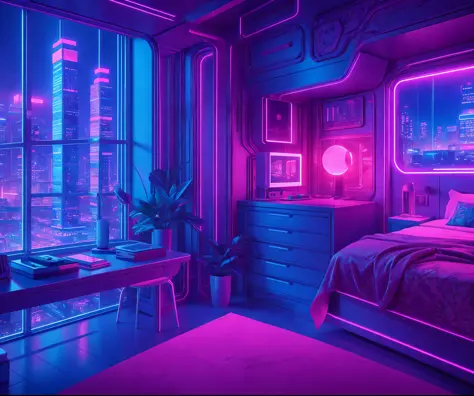((masterpiece)), (ultra-detailed), (intricate details), (high resolution CGI artwork 8k), Create an image of a small retro-futuristic and realistic vaporwave cyberpunk (bedroom) at night time. One of the walls should feature a big window with a busy, colorful, and detailed (cyberpunk), synthwave, neon cityscape. The city should have a futuristic style with lots of colors, neon lights, signs, and differently-sized buildings. The cityscape should be extremely detailed with depth of field. The city should have a lot of visual interest with many small details. Utilize atmospheric and ambient lighting to create depth and evoke the feel of a busy futuristic city outside the window. Pay close attention to details like intricate, hires eyes and 90s bedroom accents. Camera: wide shot showing the bed or desk and the window. The window should be the focal point of the image. Lighting: use atmospheric and volumetric lighting to enhance the cityscape details. The room should be illuminated by the neon lights from the cityscape.
