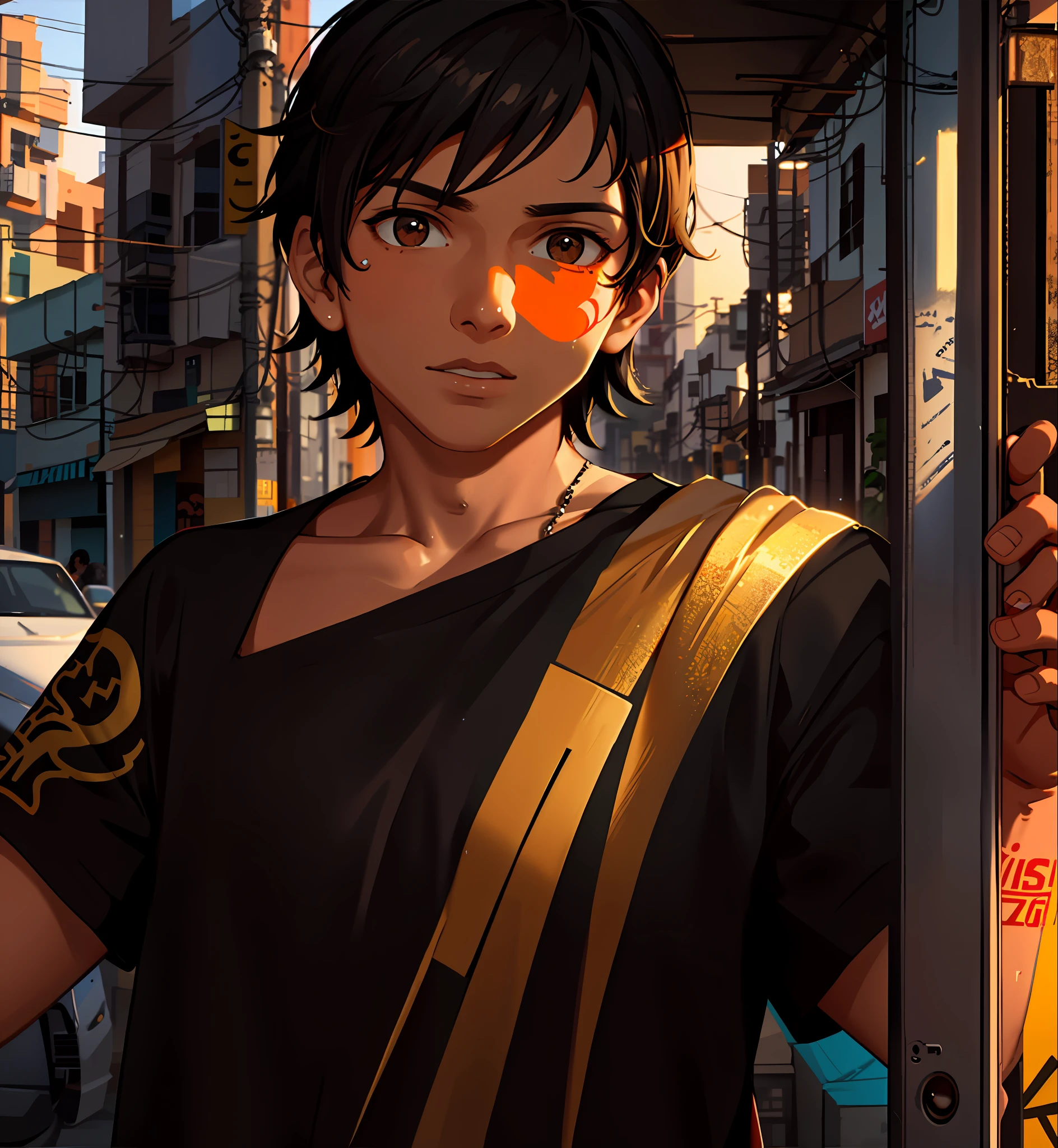 Anime character with orange eyes standing in a city street - SeaArt AI