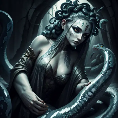 (melancholic+mythological+dark), beautiful and creepy, the last gaze that turns people into stone, a woman-like being with (alive snake hair) and shimmering scales.
