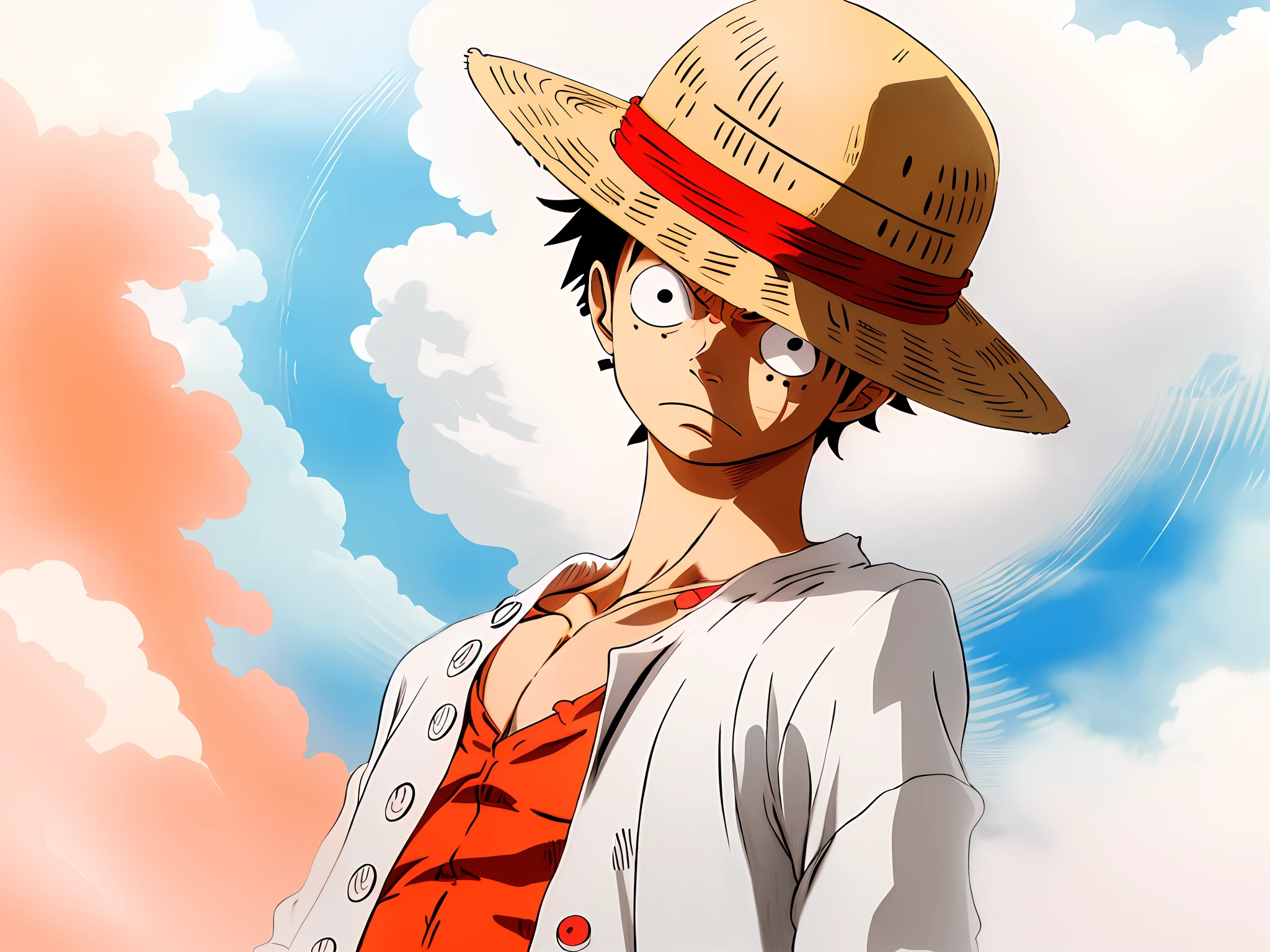 Un dibujo de un hombre con sombrero y chaqueta, portrait of Luffy from Una pieza, Luffy (Una pieza, Luffy from Una pieza, lineal perfecto, mono d Luffy, arte lineal agudo, Luffy, mono d. Luffy, from Una pieza, lineal limpio, lineal de tinta extremadamente fina, Una pieza style