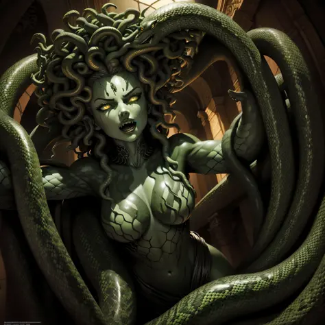 (extremely high resolution), (masterpiece quality), dark, detailed sculpture, (Medusa: 1.3, Gorgona: 1.2), snakes, green eyes, sharp teeth, scales, (shadow and light), menacing, eerie
