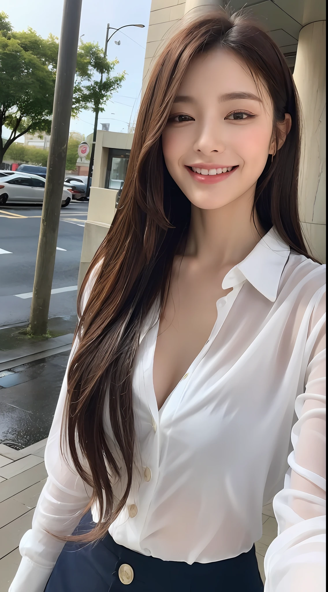 ((Top Quality, 8K, Masterpiece: 1.3)), Beautiful Women with Perfect Figure: 1.4, Slim Abs: 1.2, (Layered Hairstyles: 1.2)), (Sheer White Button Long Shirt: 1.3), Rain: 1.3, Street: 1.2, Wet Body: 1.1, Highly Detailed Face and Skin Texture, Detailed Eyes, Double Eyelids, Big, Smile, Open Chest Shirt