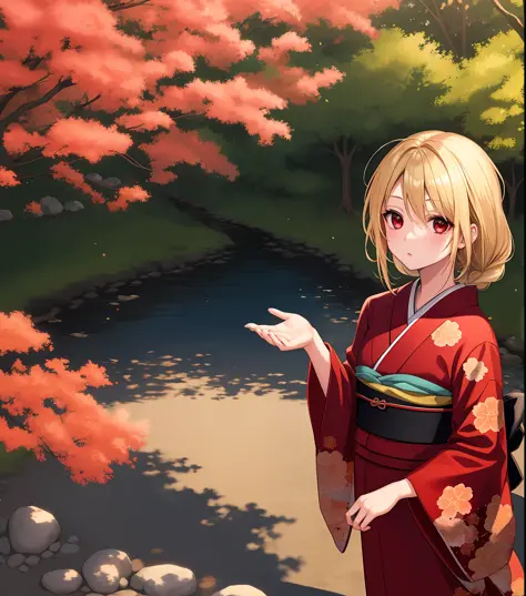 Solo, One Girl, Blonde Hair, Red Eyes, , Braid, Kimono,Japan, Tree, Outdoor,