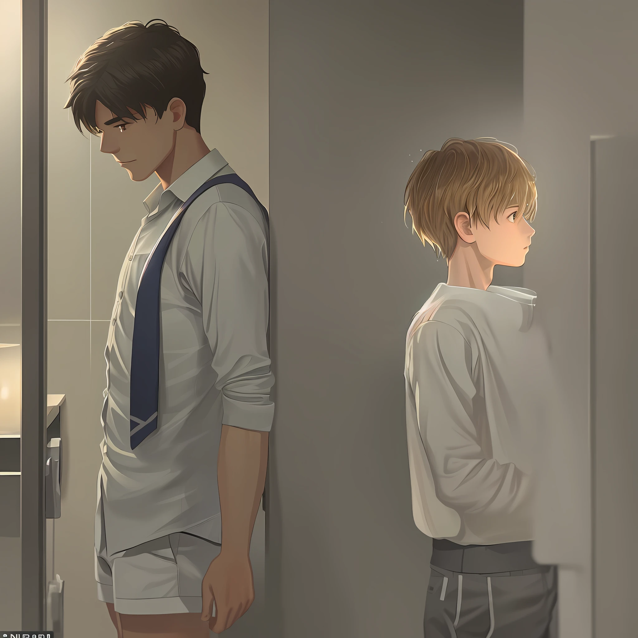 Anime boy and girl standing in a bathroom looking at each other - SeaArt AI