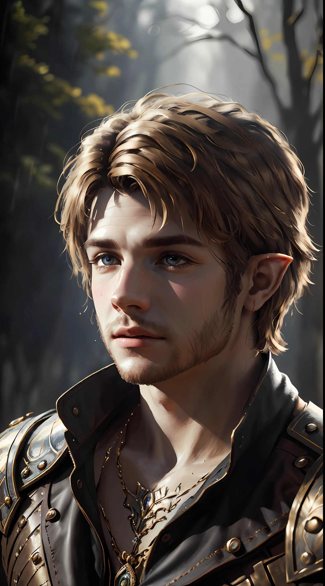 wlop, authentic, best quality, cinematic lighting, painting, fine arts, young and charming, eye detail portrait, a male elf, solo, rain, white, short brown hair, leather armor, courine texture, look at the audience, bright brown eyes, blurred background, forest background, counterposed, high resolution, superb, 8k wallpaper, very detailed, intricate, Unreal Engine 5,  volumetric lighting, realistic, realistic, cinematic lighting, depth of field, 3d, masterpiece, perfect, award-winning, realistic light, bright light, stop motion animation, tone mapping, (illustration: 1.1), high resolution, (very detailed unified CG, wallpaper: 1.1), (medium 1.25), (Portrait: 1.25), (Single: 1.2), 1boy, (Beauty: 1.15),