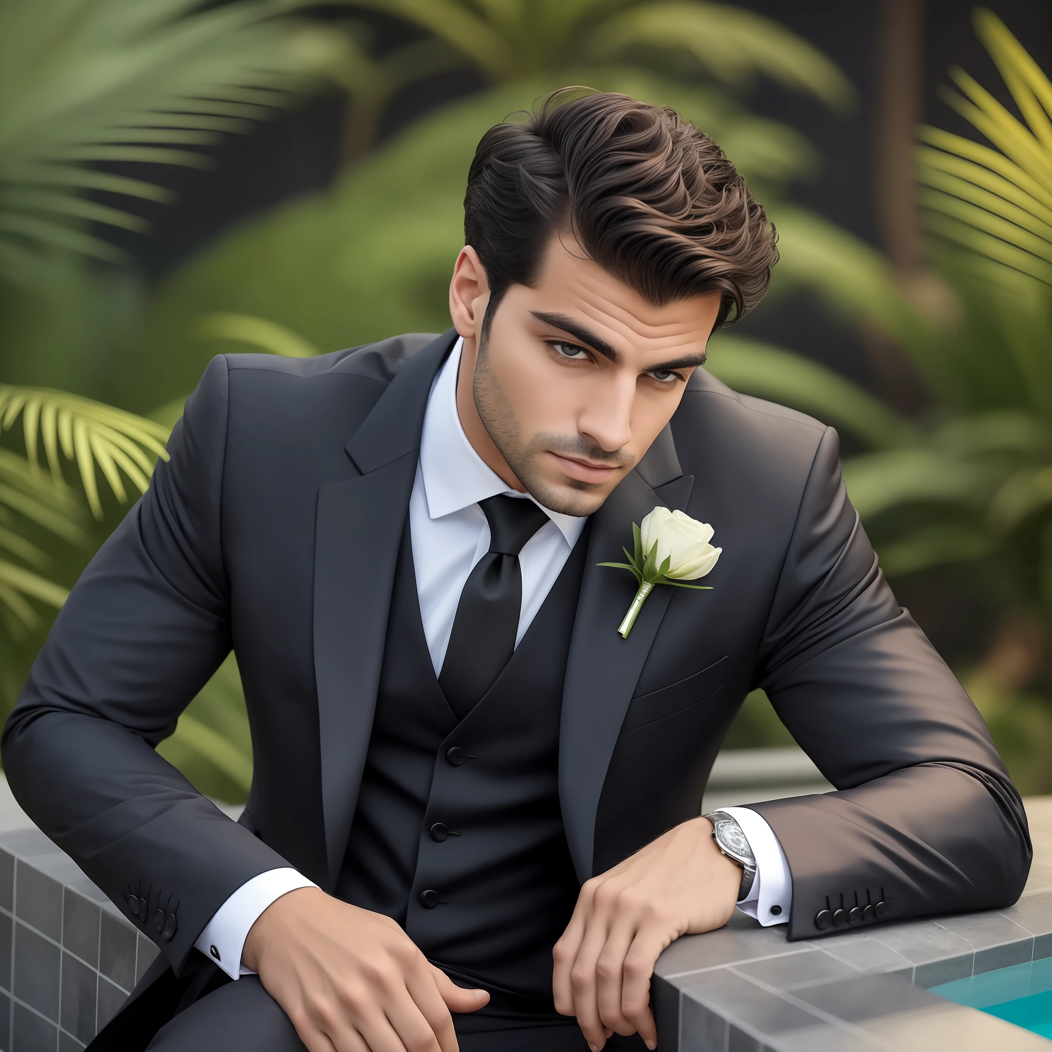 arafed man in a black suit sitting by a pool, handsome and elegant, handsome male, attractive man, handsome man, portrait shot, man in black suit, attractive male, handsome and attractive, attractive and good looking, beautiful young man, male model, wearing black suit, well-groomed model, wearing a black suit, profile shot, suit ， perfect face --auto --s2