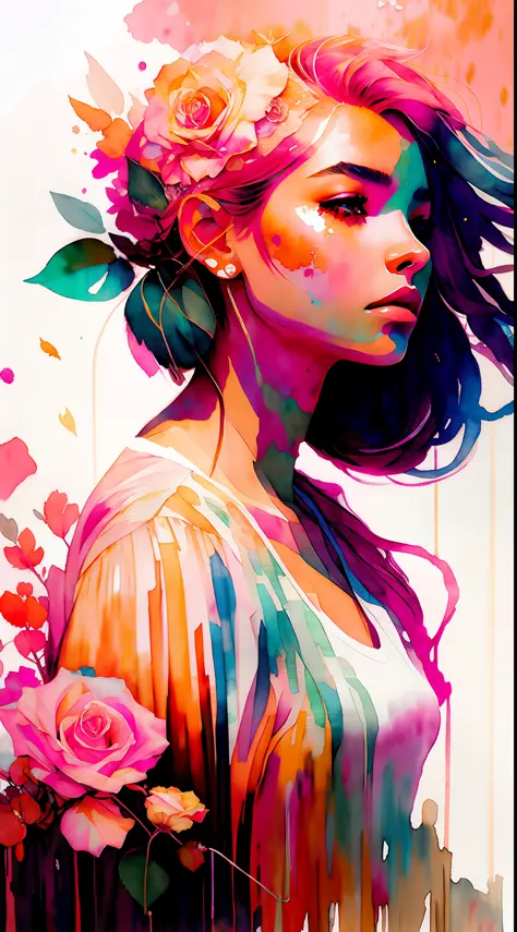 wtrcolor style, (rose) digital art, official art, blown by the wind, masterpiece, beautiful, ((watercolor)), paint splatter, int...