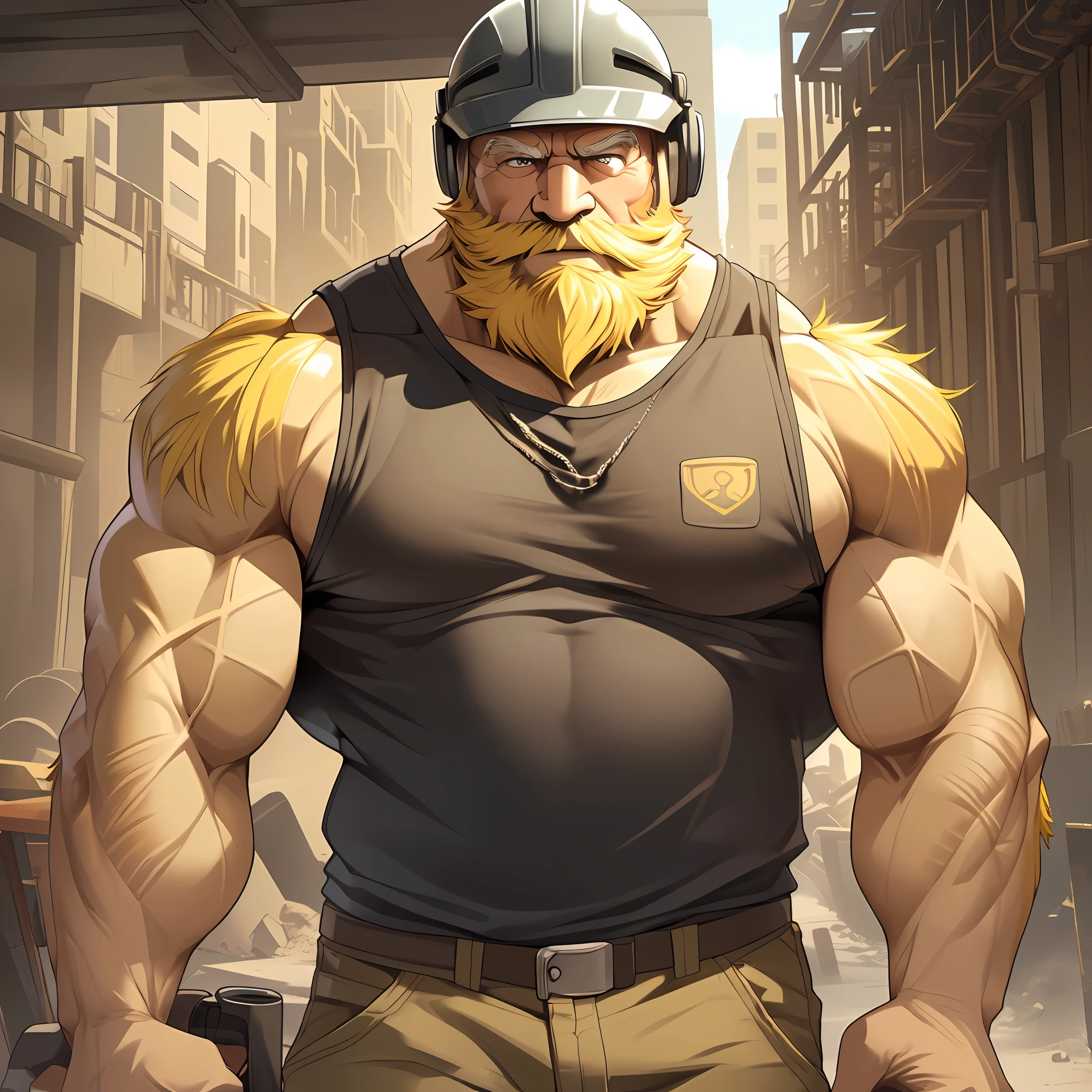 A 巨大的肌肉 老人 walking on construction site he shouldered a heavy iron, 他戴著安全帽，穿著背心, (老人 (巨大的肌肉, 大手臂, 大胸, 大胸肌, 大二頭肌, 極為細緻的肌肉, 短髮, 有胡须的, 黄头发))