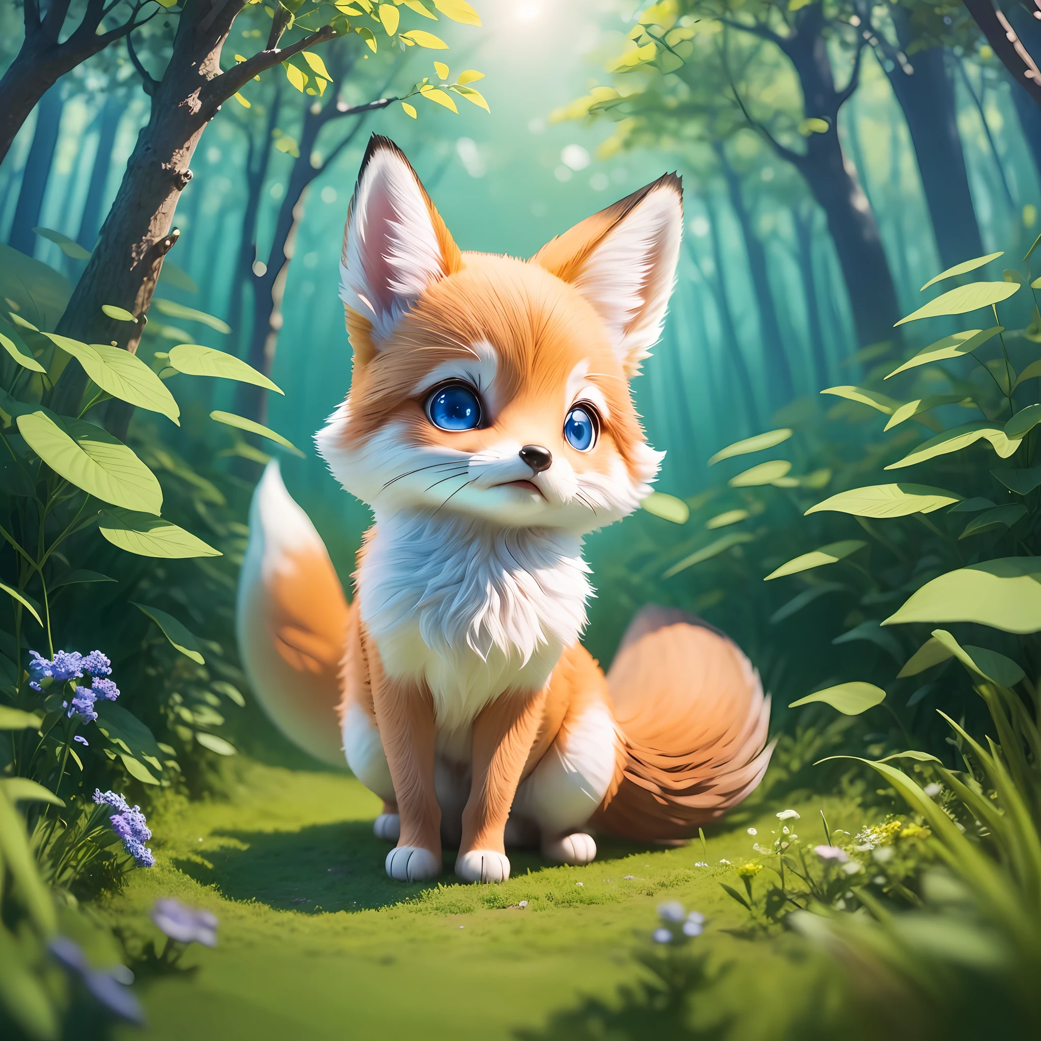 Create an illustration for children's book for children from 4 years old. Create a magical atmosphere scene with a baby fox with blue cartoon eyes very cute adorable. This little fox is in a forest in outer space beautiful (similar to the forest of the movie avatar), this forest is on the surface of a cute little plane. And in the sky there's a big bright planet, lots of bright stars, constellations, stardust, a little rocket --auto --s2