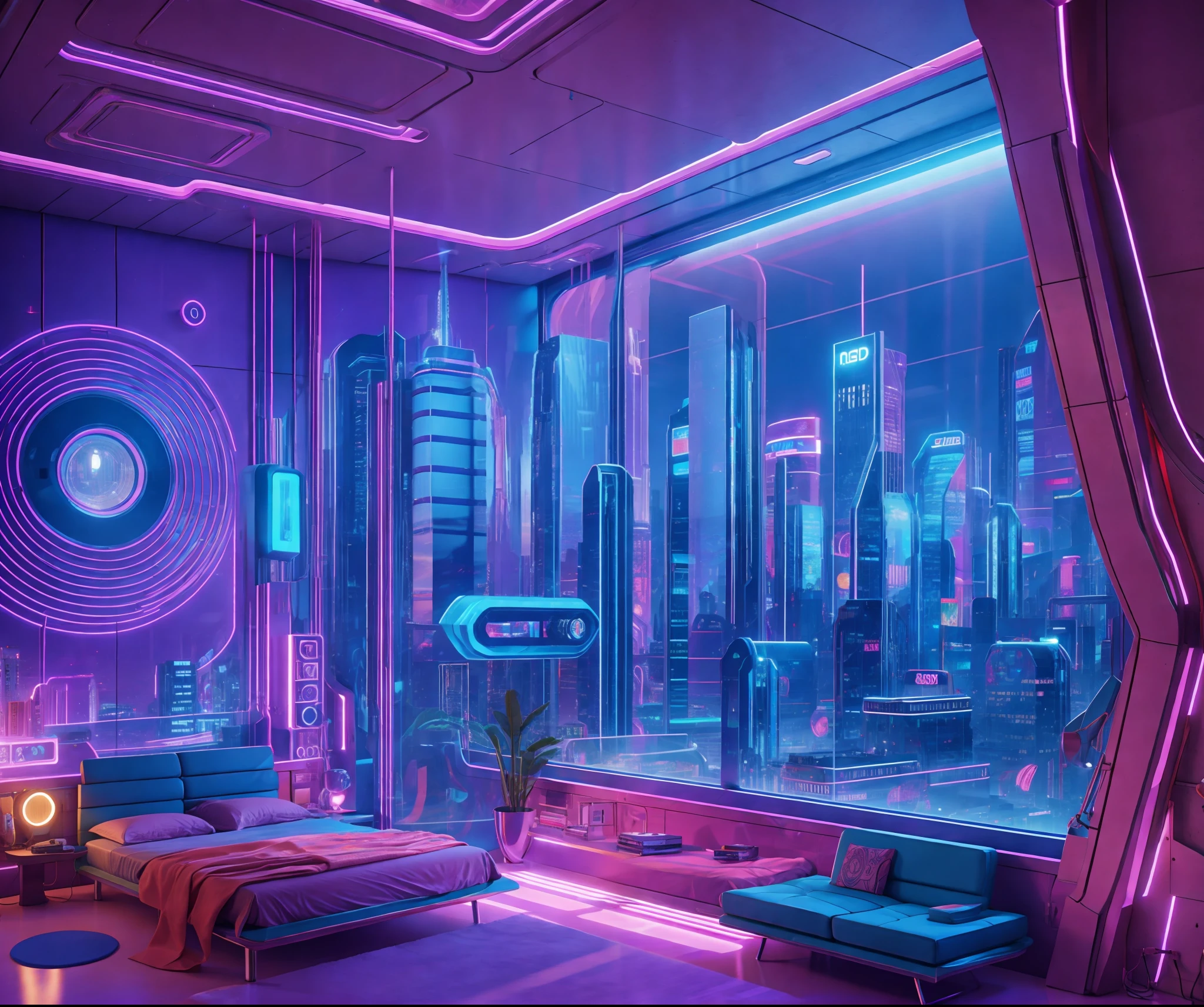 ((masterpiece)), (ultra-detailed), (intricate details), (high resolution CGI artwork 8k), Create an image of a retro futuristic cyberpunk bedroom. One of the walls should feature a big window with a busy, colorful, and detailed cyberpunk cityscape. Futuristic style with lots of colors and LED lights. The cityscape should be extremely detailed with depth of field. Utilize atmospheric lighting to create depth and evoke the feel of a busy futuristic city outside the window. Pay close attention to face details like intricate, hires eyes and bedroom accents. Camera: wide shot showing the room and the window. The window should be the focal point of the image. Lighting: use atmospheric and volumetric lighting to enhance the cityscape details. The room should be illuminated by the neon lights from the cityscape.