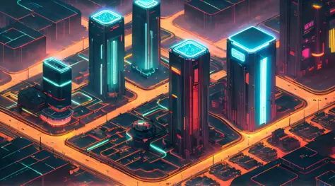 (Best quality),(masterpiece),(ultra detailed),(high detailed),(extremely detailed),Isometric view of massive futuristic cyberpun...