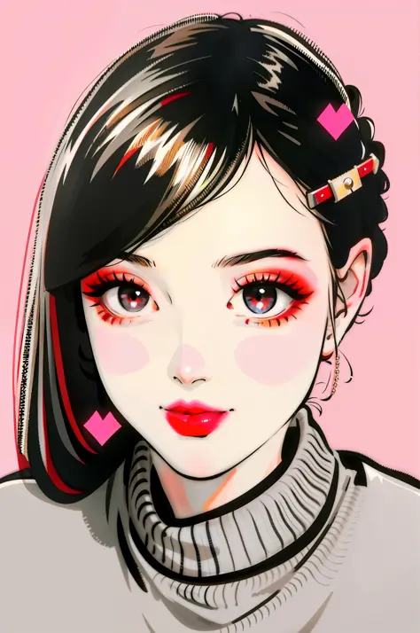 1girl, black eyes, black hair, closed mouth, grey sweater, hair ornament, hair clip, heart, lips, lipstick, looking viewer, make...