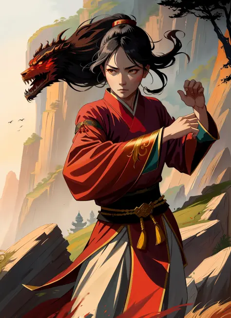 ancient mythology of china, traditional style, greg rutkowski, shy queen, fantasy isekai, wuxia genre, training kung fu, (highly...