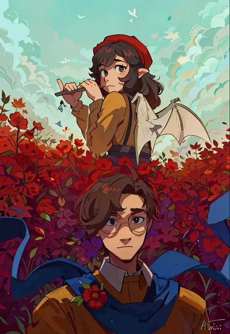 There are two pictures of a man and a woman in a flower field, official fanart, high-quality fanart, cute, satoshi kon artstyle, official fan art, detailed fanart, highly detailed exquisite fanart, official art, inspired by Satoshi Kon, Monet and da Vinchi...