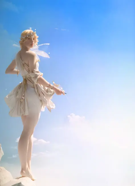 there is a woman in a white dress standing on a rock, a still of an ethereal, ethereal fantasy, stunning 3d render of a fairy, fantasy style 8 k octane render, incredibly ethereal, divine render, lost in a dreamy fairy landscape, stunning cgsociety, a stun...