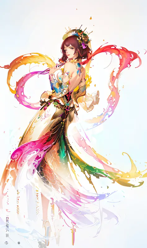 painting of a woman in a colorful dress with a long tail, colorfull digital fantasy art, beautiful gorgeous digital art, a beaut...