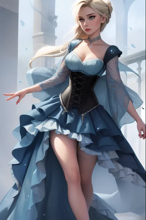 Best quality, masterpiece, (Elsa:0.8), upper body, blue eyes, full body, wearing a corset