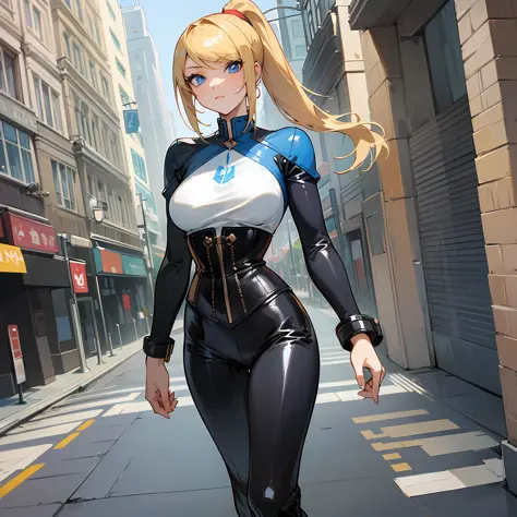 (masterpiece, best quality) 1.5, 1girl, solo, (sexy, beautiful woman, perfect face, perfect eyes), samus aran, black leather pants, black corset, high heels, walking on the street, (blue eyes, blonde hair, ponytail) --auto --s2