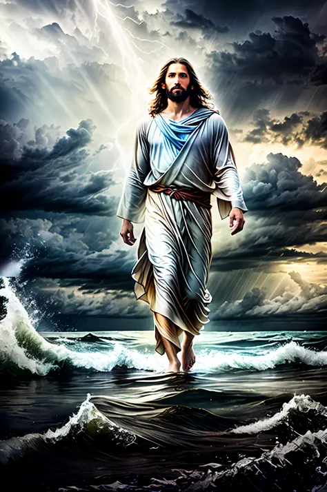 Portrait of Jesus walking on water in a storm, gentle expression, streaks of light coming down from the sky, depth of field, HDR, bloom, chromatic aberration, realistic, very detailed, complex, high detail, dramatic, volumetric lighting