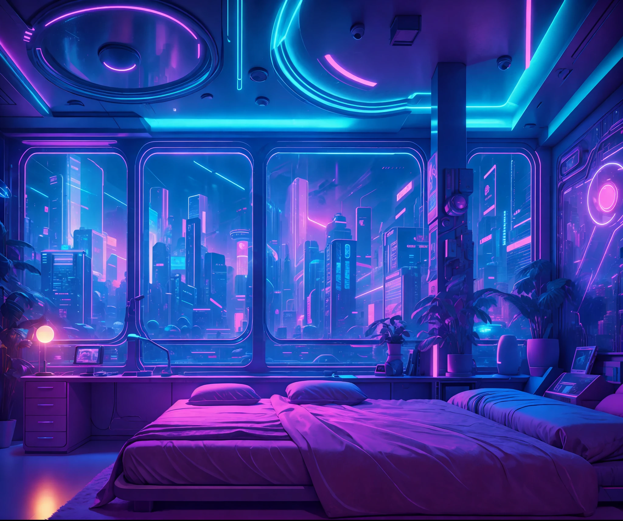 ((masterpiece)), (ultra-detailed), (intricate details), (high resolution CGI artwork 8k), Create an image of a small retro-futuristic and realistic vaporwave cyberpunk (bedroom) at night time. One of the walls should feature a big window with a busy, colorful, and detailed (cyberpunk 2077), neon cityscape. The city should have a unique futuristic style with lots of colors, neon lights, signs, and differently-sized buildings. The cityscape should be extremely detailed with depth of field. The city should have a lot of unique visual interest with many small details. Utilize atmospheric and ambient lighting to create depth and evoke the feel of a busy futuristic city outside the window. Pay close attention to details like intricate, hires eyes and 90s bedroom accents. Camera: wide shot showing the bed or desk and the window. The window should be the focal point of the image. Lighting: use atmospheric and volumetric lighting to enhance the cityscape details. The room should be illuminated by the neon lights from the cityscape.