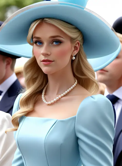 a modern-day gorgeous young english beauty dressed for royal ascot in an ultra-conservative dress with puffed sleeves, hat, pear...