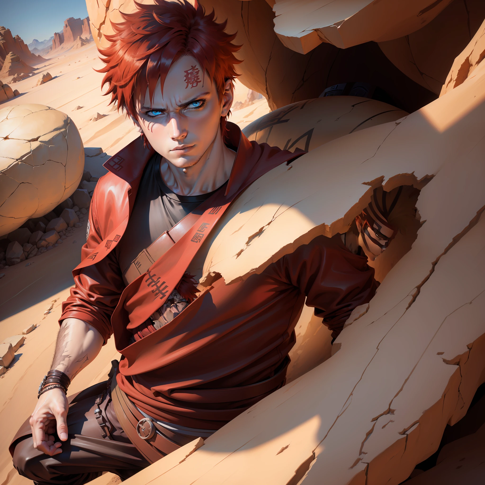 (masterpiece), amazing quality, high resolution illustration, (1 male character), detailed and realistic drawing, strong facial expression, vibrant red and black background, deep shadows and soft lighting, intense blue eyes, sand dust in the air, desert environment with rocks and mountains, dynamic pose, intense red hair, desert gaara, naruto gaara