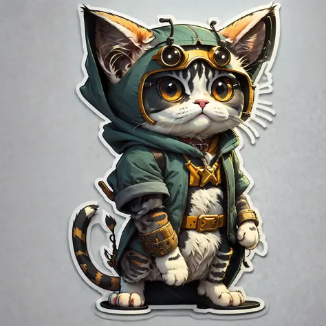 cute cartoon sticker of a cat dressed as a costume cyberphunk rogue