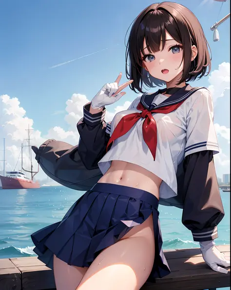 1young_teen_女の子、ロリ、brown_hair、medium_bob_hair、blue_midriff_baring_sailor_uniform、mini_skirt、short_sleeve、太もも、big_tits,closed_eyes, 笑顔、open_mouth、立っている,harbor_background、spread_legs、幸せ、NSFW、short_gloves, wet,transparent,covered_nipples, covered_crotch, unde...