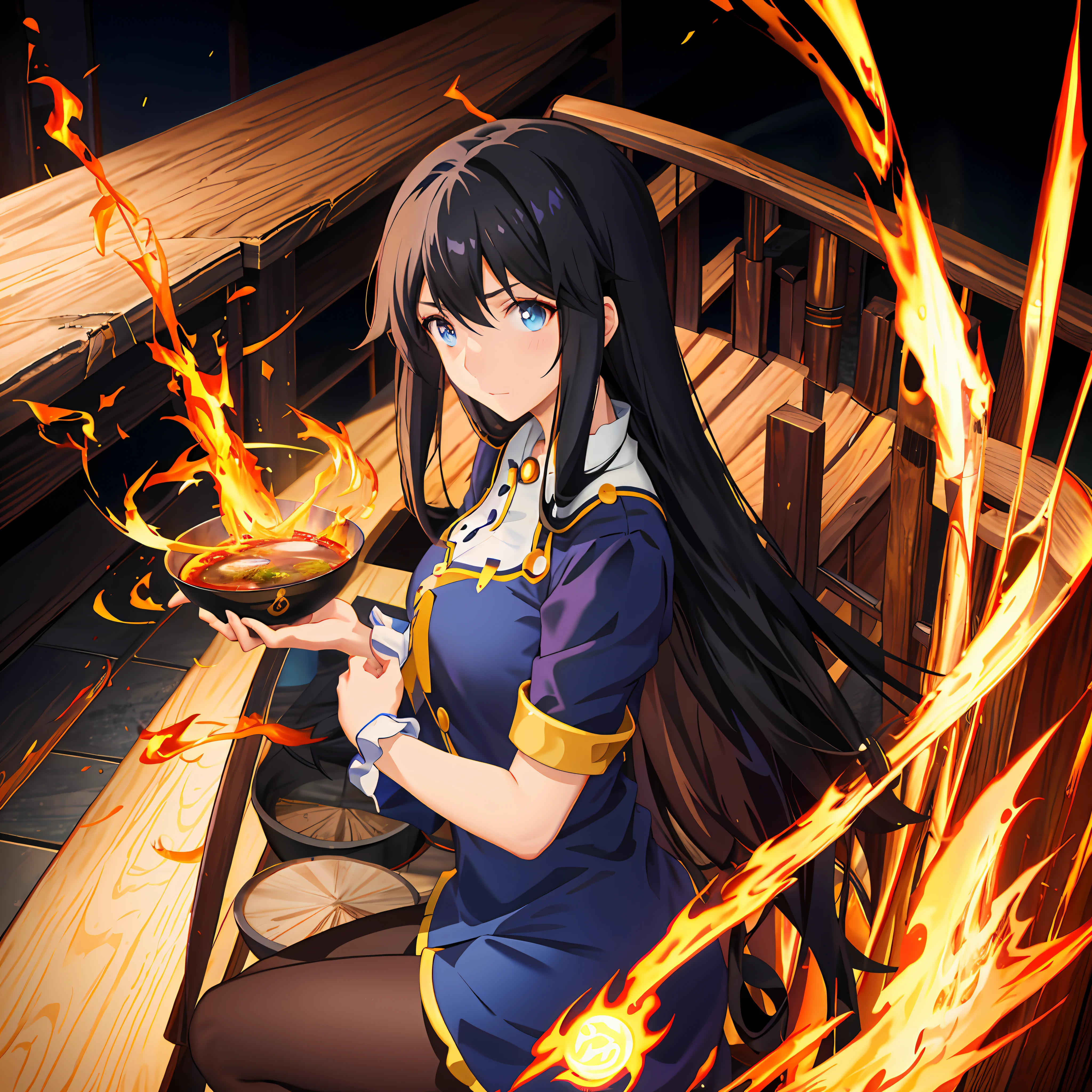 Anime-Mädchen mit langen schwarzen Haaren hält eine Schüssel Essen, Konosuba-Anime-Stil, konosuba, Anime-Moe-Kunststil, Ayaka Genshin Impact, alchemist girl, schwarzhaariger Magier, Flammenbeschwörung, casting Feuerzauber, offizielle Kunst, offizielle Kunstwork, Kantai-Kollektionsstil, isekai, hestia, marin kitagawa fanart, Feuerzauber