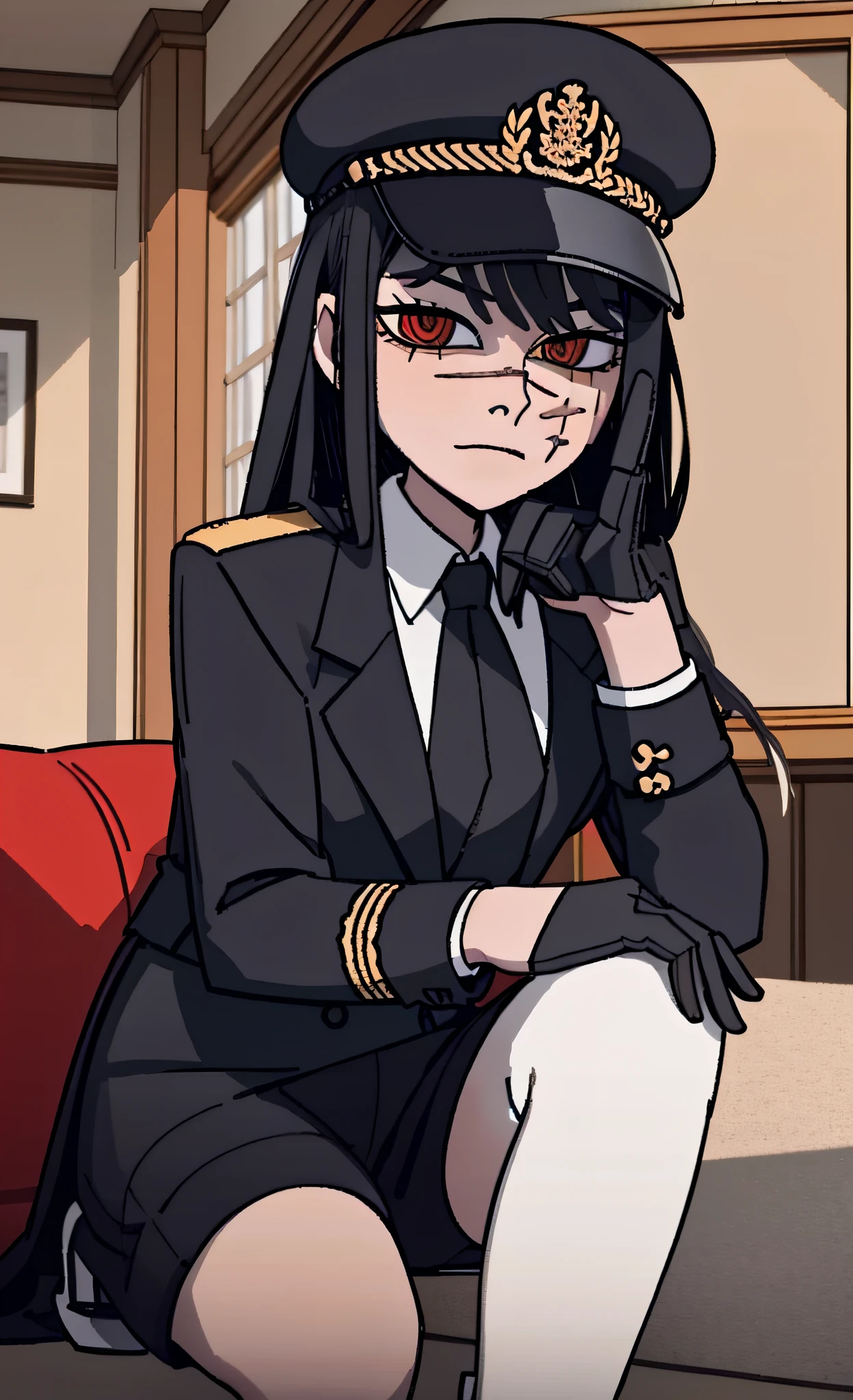 (masterpiece, best quality: 1.2), Solo, 1girl, Yoru \(Chainsaw Man\), looking right, disappointment, sad, different poses, red eye, long hair, completely black hair, reference to dress of a German general of World War II, black long sleeves, black tie, clanca shirt, (best quality), scar on face, beautiful eyes, has only 2 arms, has war medals on his clothes, Black Military Cap, Golden Eagle Medal on Clothing, (wallpaper), (8K HD), (8K HD), Golden shoulder pads, Sprites, 1 single design