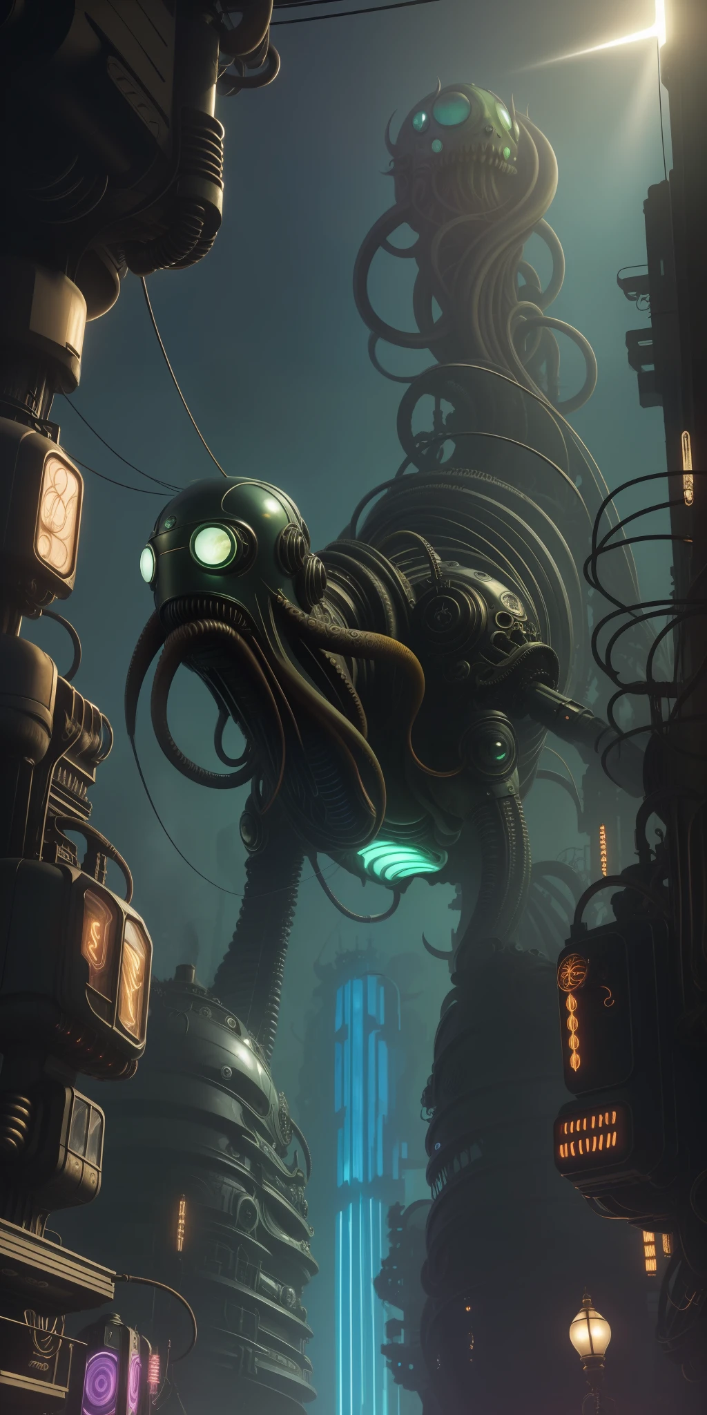 Oeuvre de dessin animé, Caricature de Cthulhu, art pixar, sharp couleurs vives, style dessin animé, culte de Cthulhu, ((cyborg, cyberpunk)), Steampunk, pièces robotiques, couleurs vives, réflexion, ultra détaillé, beau studio lumière douce, mannequin, lumière de jante, détails vibrants, Luxueux, hyperRéaliste, anatomique, muscles, câbles électriques, puce électronique, élégant, Beau fond, rendu d&#39;octane, style giger, 8k, Meilleure qualité, chef-d&#39;œuvre, illustration, un extrêmement délicat et beau, extrêmement détaillé, CG, Unité, fond d&#39;écran, (Réaliste, photo-Réaliste:1.37), dessin animé incroyable, finement détailler, chef-d&#39;œuvre, Meilleure qualité, art officiel, extrêmement détaillé CG Unité 8k fond d&#39;écran, absurde, incroyable, personnage de Disney