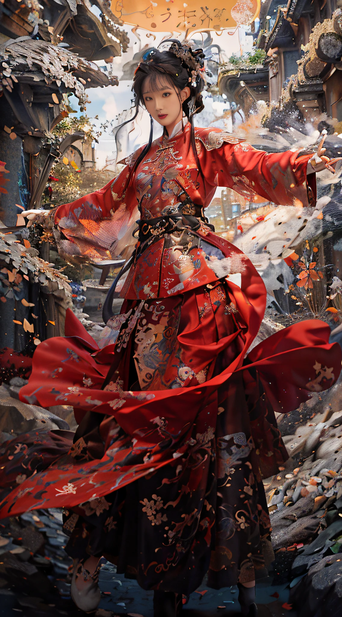 raw photo, best quality, masterpiece, ultra high res, (photorealistic:1.4), Anime a poster, 1hand holding a big long sword, two hands, wear kungfu master cloth, wave, chinese traditional ink style, Maiden Dragon Slayer, main color is red and white and black ink, dynamic movement, dynamic pose, movement, full body::1 Amazing Vector in oil painting environmental art cinematic, diorama, intricate detail, solo, dress, long black hair, floating_hair, (magic circle:1.2),xiuxian,upper body,Beautiful girl,full body,east asian architecture,sheath,architecture,