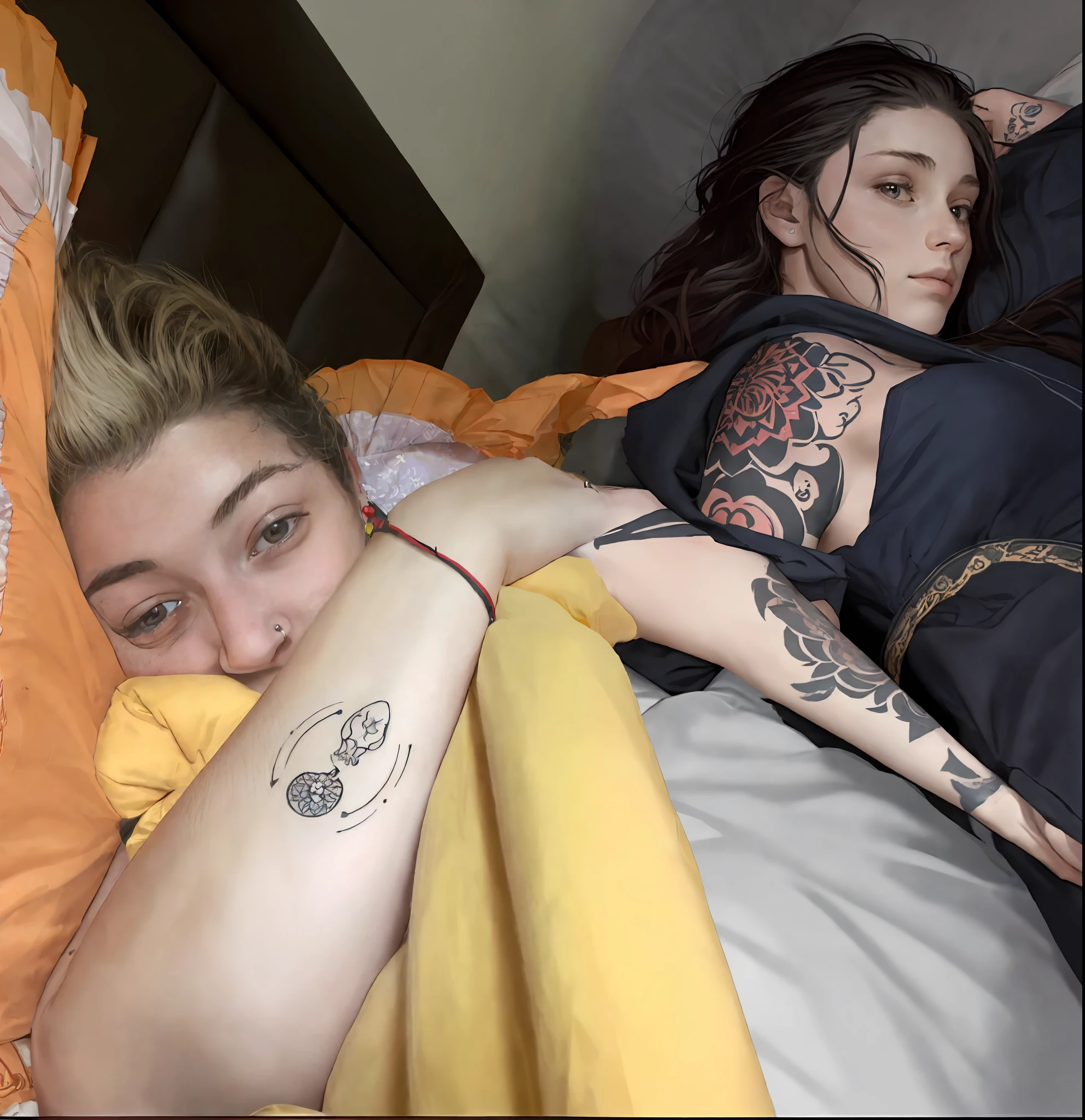 Hay dos mujeres acostadas en la cama con tatuajes en los brazos. - SeaArt AI