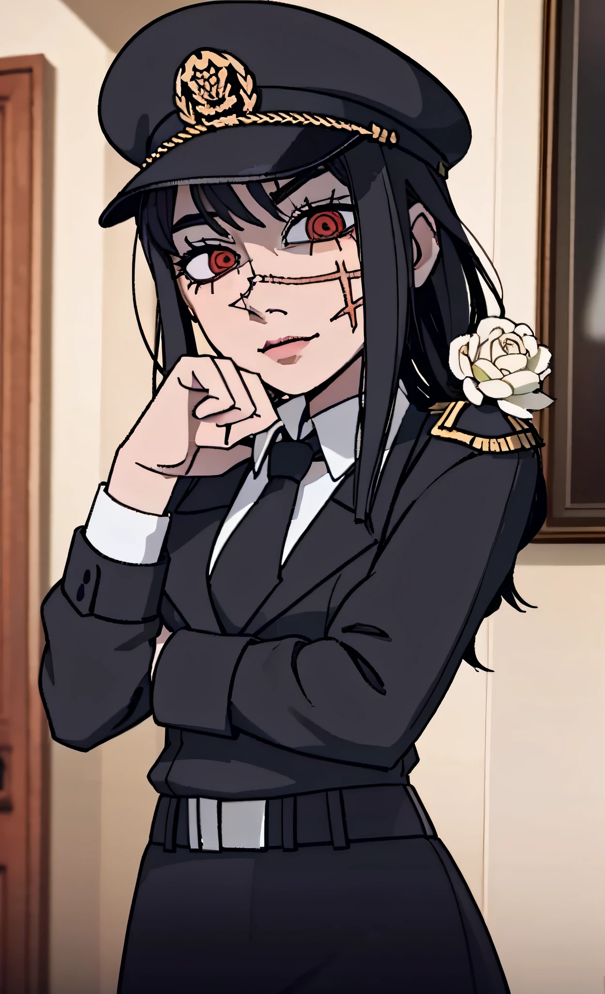 (masterpiece, best quality: 1.2), Solo, 1girl, Yoru \(Chainsaw Man\), looking right, disappointment, sad, different poses, red eye, long hair, completely black hair, reference to dress of a German general of World War II, black long sleeves, black tie, clanca shirt, (best quality), scar on face, beautiful eyes, has only 2 arms, has war medals on his clothes, Black Military Cap, Golden Eagle Medal on Clothing, (wallpaper), (8K HD), (8K HD), Golden shoulder pads, Sprites, 1 single design