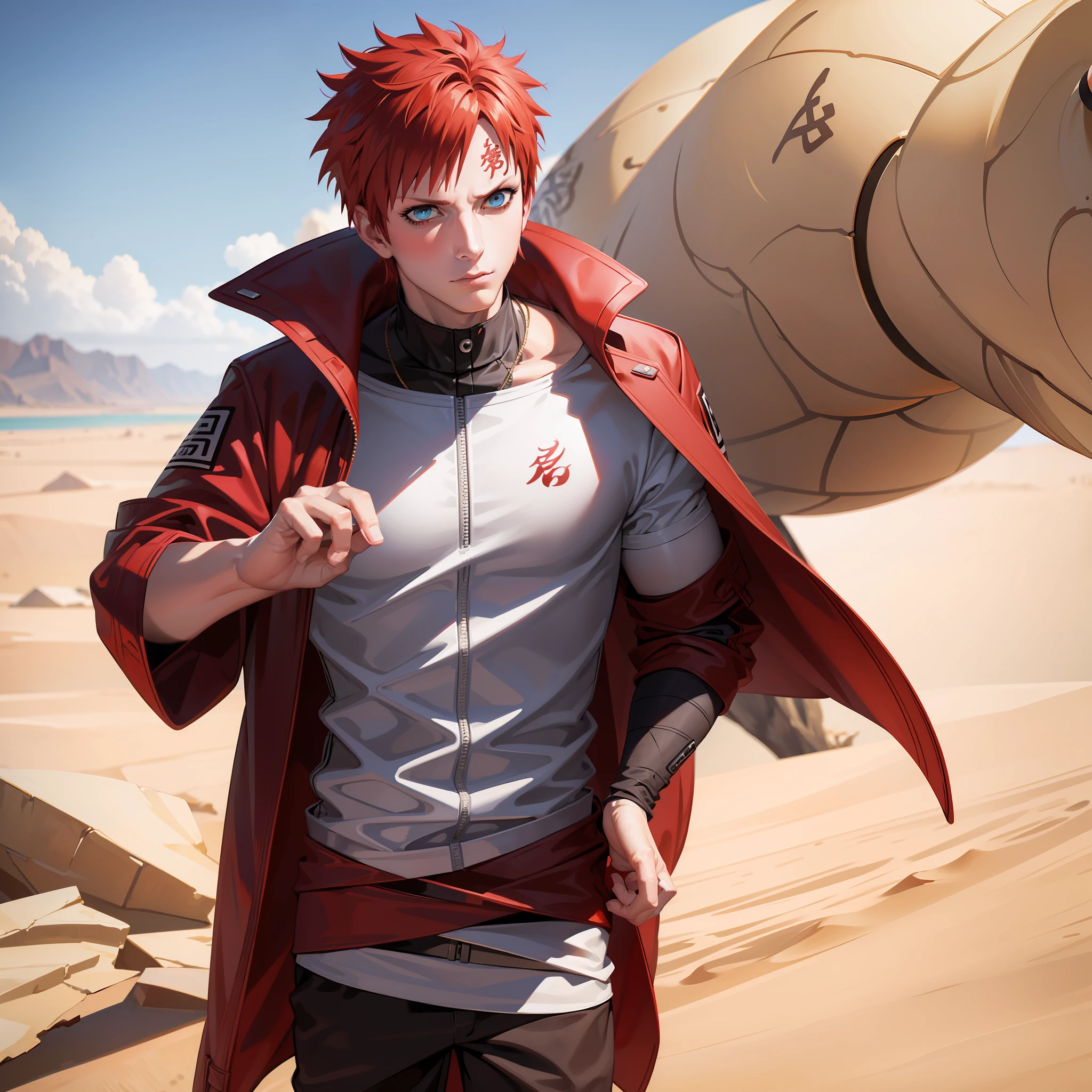 (extremely detailed CG unit 8k wallpaper, masterpiece, best quality, ultra-detailed), high saturation, dynamic angle, dynamic pose, (1boy), standing in the sand, red hair: 1.3, coat with fur necklace, beautiful face, scar, sandstorm, the fifth Kazekage, Naruto, epic manga scene, detailed eyes, detailed hands, super detailed, intricate details, 16k, high quality,  Desert Gaara