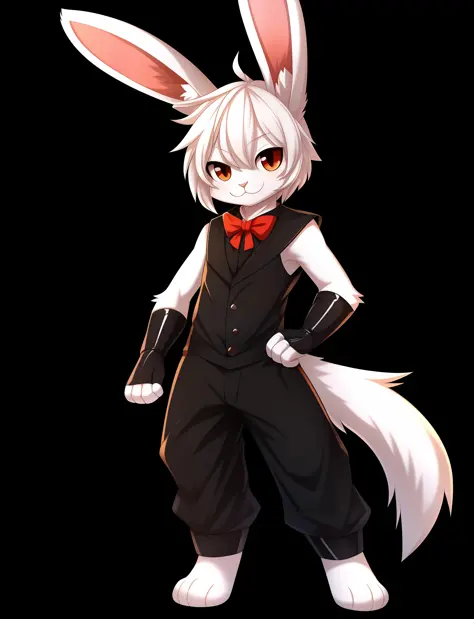 best quality, tail, solo, rabbit ears, white hair, cat tail, 1boy, gloves, animal ear fluff, standing, full body, looking at vie...
