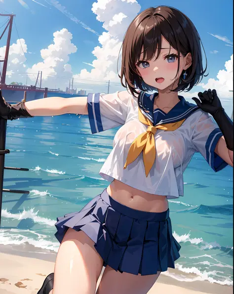 1young_teen_女の子、ロリ、brown_hair、medium_bob_hair、blue_midriff_baring_sailor_uniform、mini_skirt、short_sleeve、太もも、big_tits,closed_eyes, 笑顔、open_mouth、立っている,harbor_background、spread_legs、幸せ、NSFW、short_gloves, wet,transparent,covered_nipples, covered_crotch, unde...