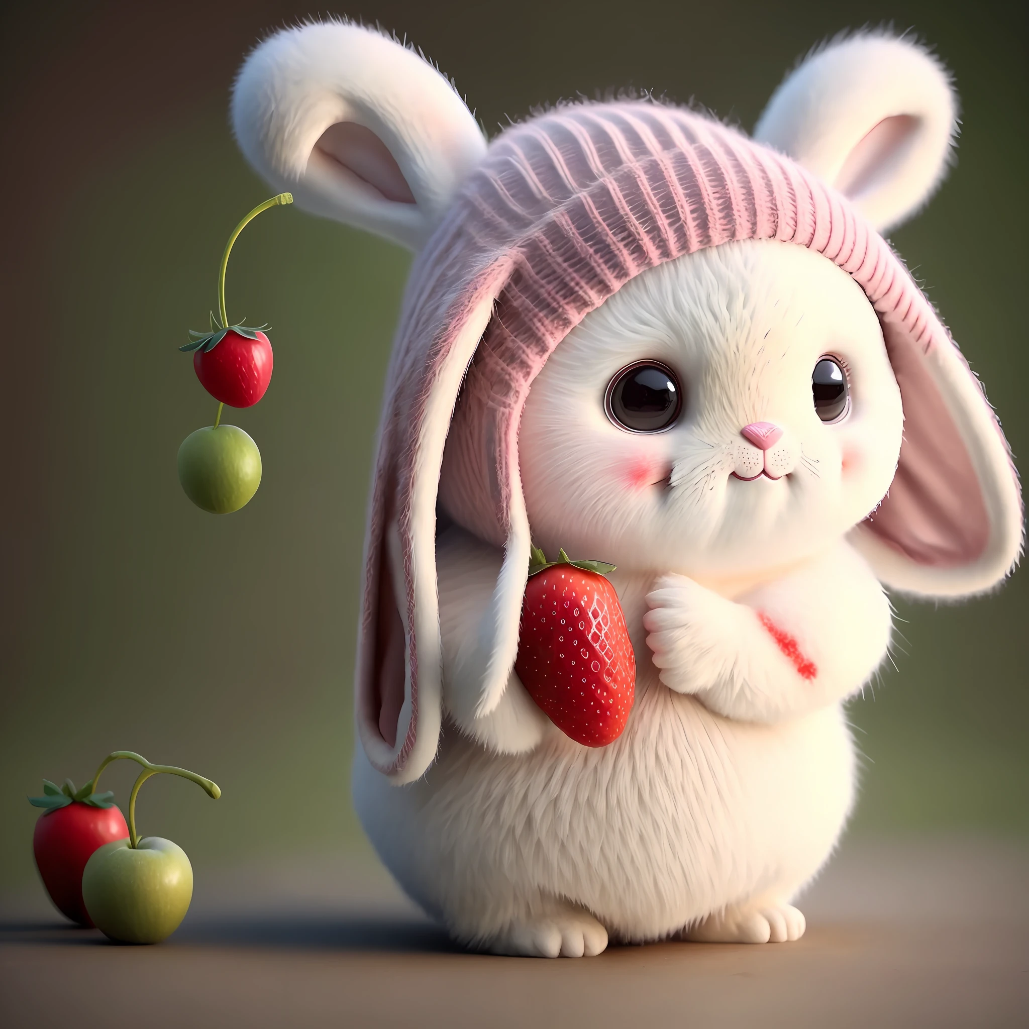 : 3. bunny, realistic, furry animal, apple, black eye, blush, cherry, food, fruit, full body, hat, non-human, strawberry, tomato, watermelon